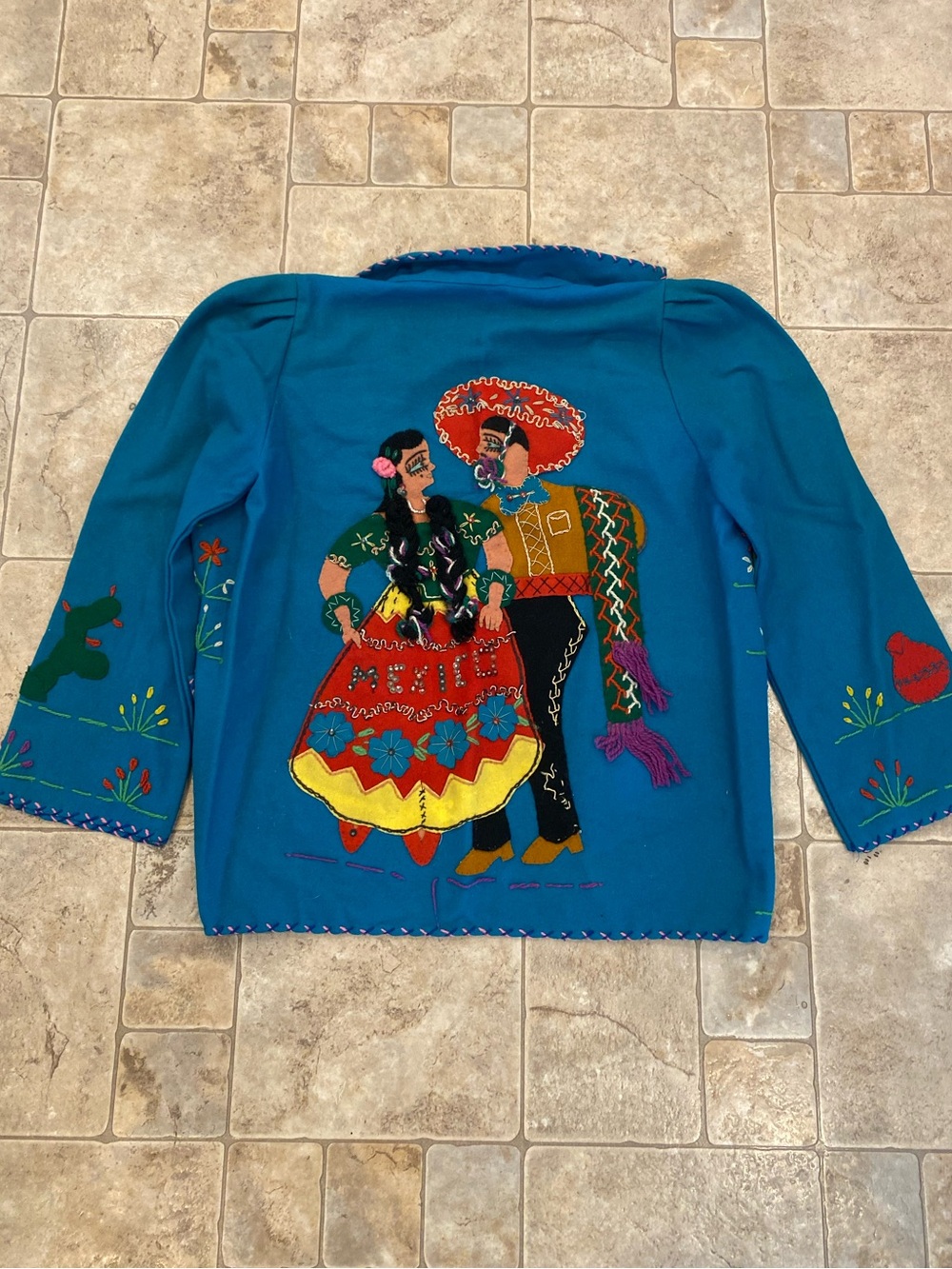 VTG 40s 50s Mexican Souvenir Wool Felt Dark Turquoise Jacket Dancers SzS 18x23
